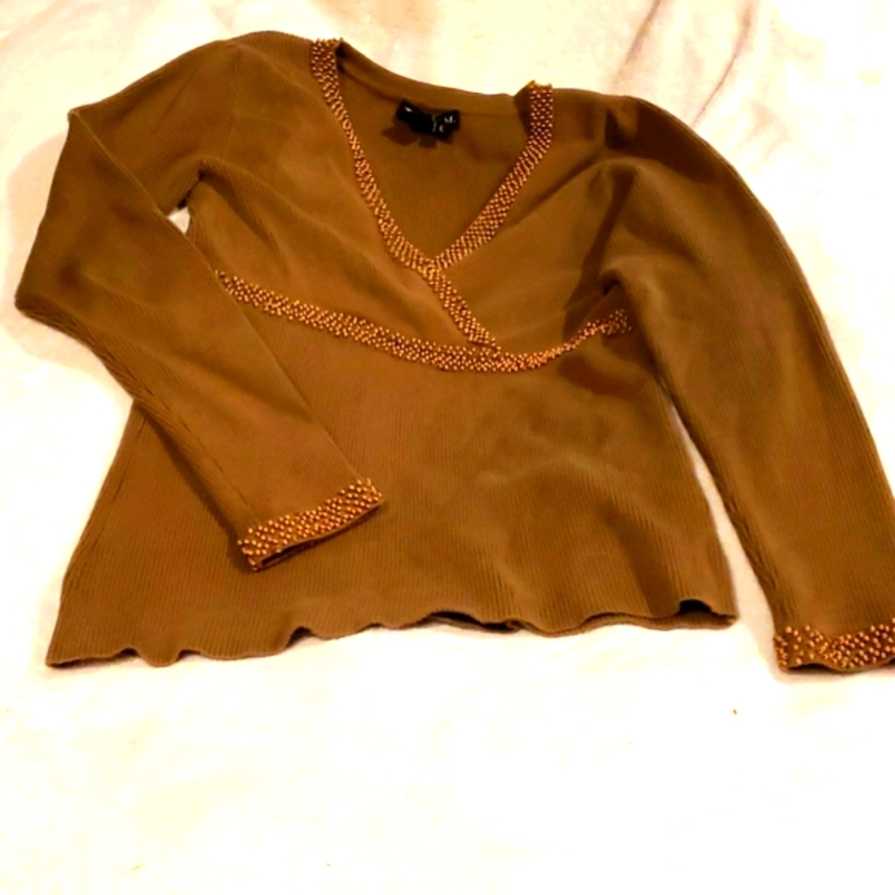Headed to a Warmer Climate?Army Green Sweater trimmed with Wooden Beads Tracy M